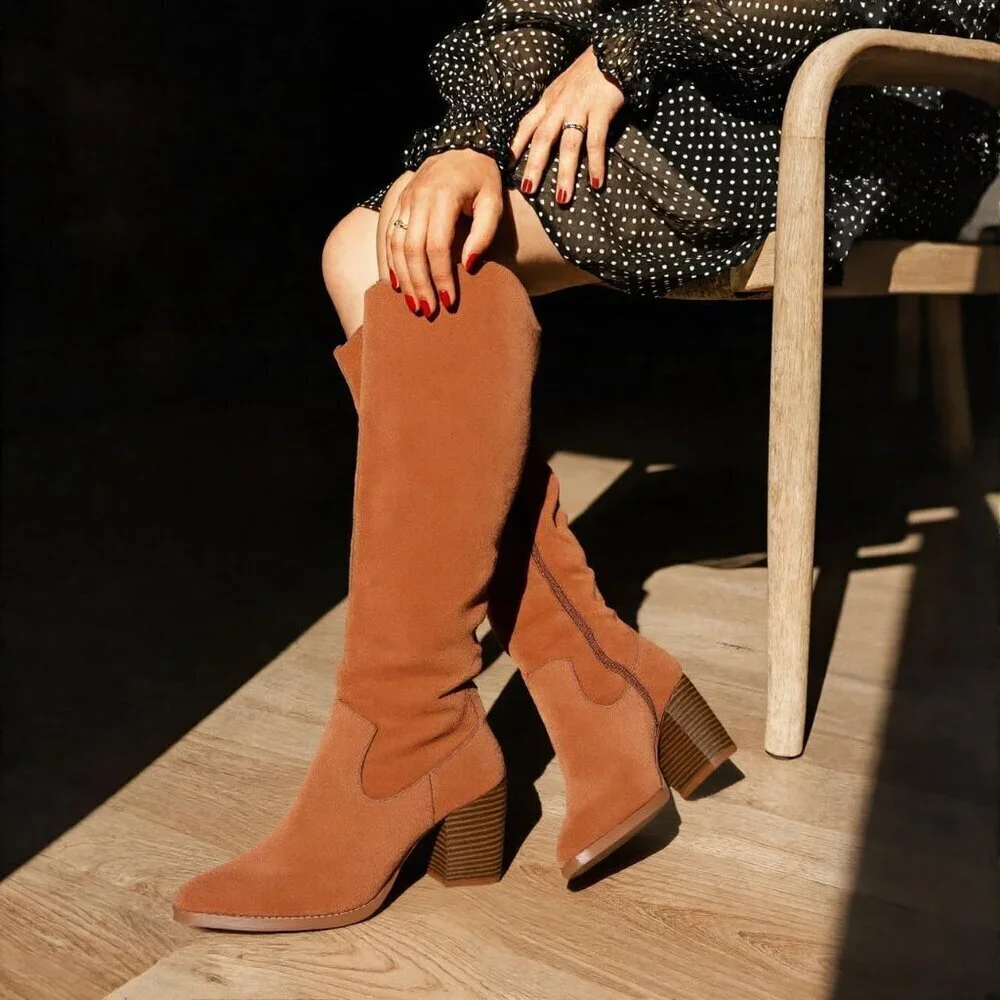 Womens Suede Lightbrown Side Zipper Knee High Pointed Toe Chunky Heel Tall Boots